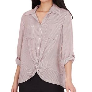 BCX Twist Front Button Up 3/4 Sleeve Striped Shirt